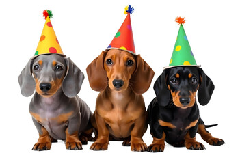 Three Adorable Dachshund Dogs in Party Hats