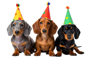 Three Adorable Dachshund Dogs in Party Hats