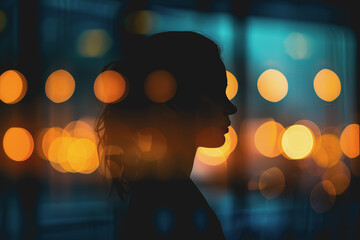 Silhouette of a businesswoman off work at night, shot from outside of a glass window.