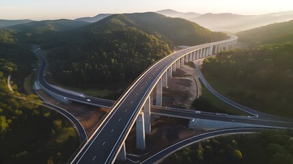 An aerial picture of a highway road bridge used for motorized transportation that was constructed as part of infrastructure development across a valley surrounded by hills, forests, and trees during t