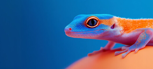 Fototapeta premium Saturated portrait of gecko close-up, space for environmental protection concept