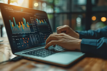 Businessman analyzing business diagrams, marketing statistics, and finance market graphs on a laptop