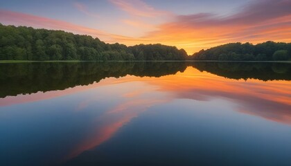 Fototapeta premium Serene lake at sunset reflecting colorful sky and trees 