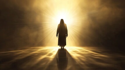 A powerful silhouette of Jesus standing in the rays of light, symbolizing His resurrection and victory over death.