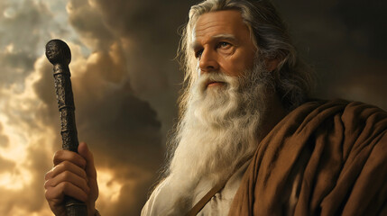 Moses, gazing in awe at the divine splendor while holding his miraculous staff, is a figure from the Bible.