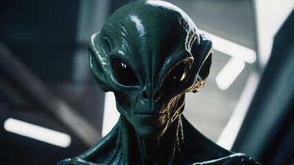 Fototapeta premium Extraterrestrial UFO hovers silently above the ground, with an alien pilot clearly visible in the dark sky