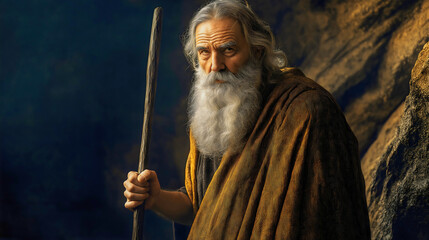 Obraz premium The elderly Moses, holding his staff from God, is a well-known figure from the Bible and its first author.