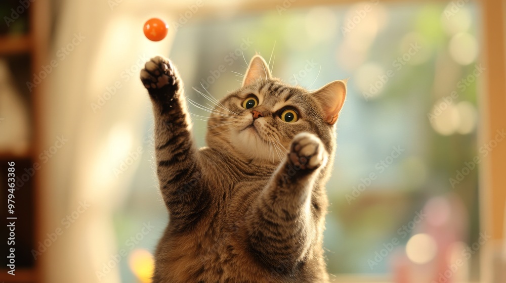 Poster a playful overweight cat batting at a toy with its paws, displaying its rounded figure and playful n
