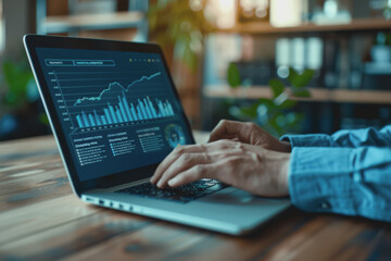 Businessman analyzing business diagrams, marketing statistics, and finance market graphs on a laptop