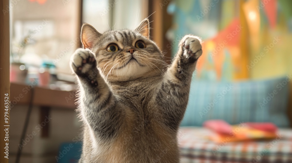 Poster a playful overweight cat batting at a toy with its paws, displaying its rounded figure and playful n