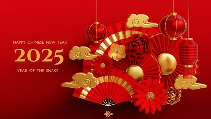 Happy chinese new year 2025 3d rendered decoration illustration wallpaper on red background