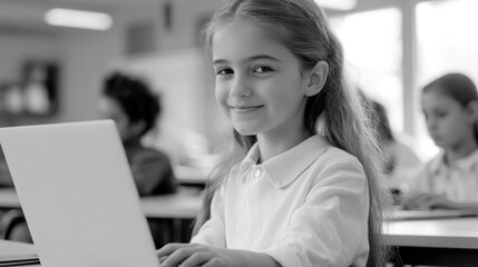 Smiling Girl Student at Desk