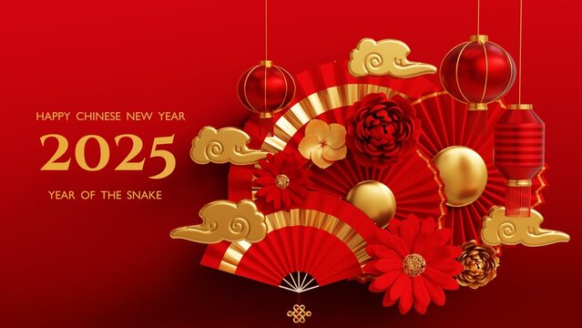 Happy chinese new year 2025 3d rendered decoration illustration wallpaper on red background