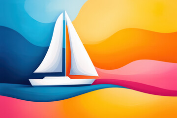 Naklejka premium Colorful pop art sailboat on abstract waves, featuring bold and vibrant colors, symbolizing adventure, creativity, and modern artistic expression.