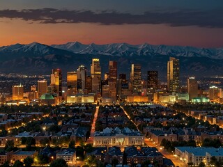 Obraz premium Aerial view of Denver's sprawling cityscape at dawn