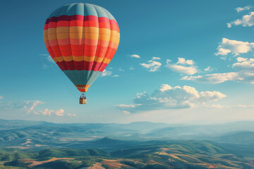 Colorful hot air balloons Floating high in the clear blue sky, the scenery is beautiful and bright.