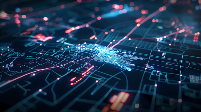 Futuristic digital interface with real-time crime prediction data, map highlighting high-risk areas and crime trends, clean dark background emphasizing advanced technology.