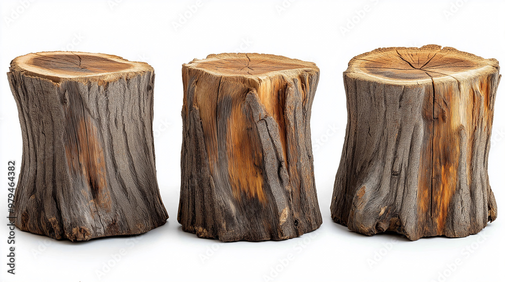 Poster Three tree stumps standing on white background showing rough bark texture