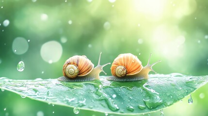 Two snails on a green leaf with raindrops.