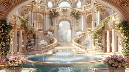 Marble white stairs with flower garlands, fantasy palace or heaven stone stair with floral decorations, fairytale princess castle interior, AI generated image