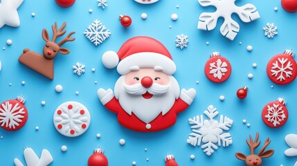 A cute 3D Christmas pattern with Santa, reindeer, and snowflakes, creating a fun and festive holiday design.
