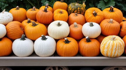 stack of freshly picked pumpkins of various sizes and colors, sitting in a wooden wagon, ready for Halloween
