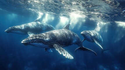 Naklejka premium Three whales swimming gracefully underwater in a serene ocean.