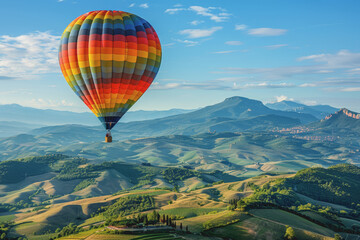 Fototapeta premium Colorful hot air balloons Floating high in the clear blue sky, the scenery is beautiful and bright.