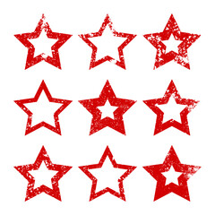 Fototapeta premium Red vintage stars with cracks and stains. Old hand-drawn sign, black simple shape. Retro design element with distressed effect, grunge texture. Vector illustration