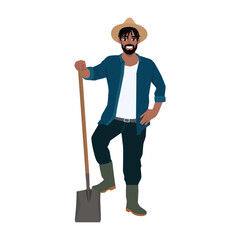 Young farmer holding shovel in hand. Flat vector Character illustration