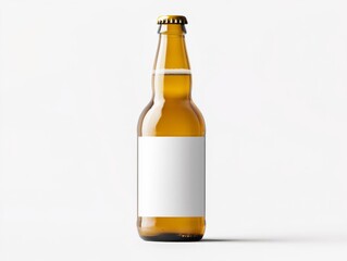 High-angle shot of a blank label beer bottle with soft reflections, isolated on white, blank label beer, clean mock-up design