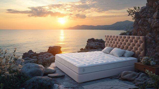 A white mattress on the bed with an elegant natural leather headboard, surrounded by rocks and the sea in the background at sunset.