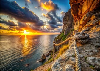 Obraz premium Rugged Seaside Cliff Anchor Rope Dramatic Sunset