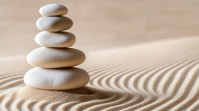 A serene zen garden featuring stack of smooth stones on gently rippled sand, creating tranquil atmosphere that promotes relaxation and mindfulness