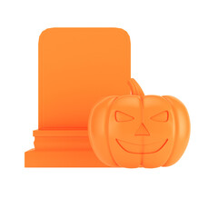 Halloween Jack o lantern pumpkin with a spooky face and gravestone isolated on transparent background