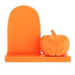 Halloween Jack o lantern pumpkin with a spooky face and gravestone isolated on transparent background