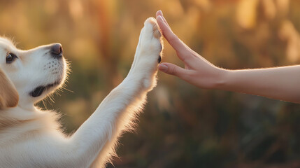 Golden retriever dog giving paw to woman on sunny day