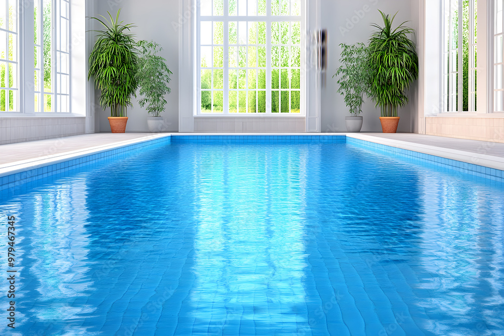 Wall mural indoor pool area featuring an empty swimming pool with transparent blue water bathed in natural sunl