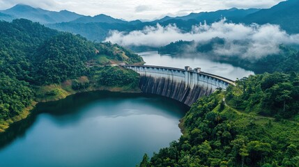 Fototapeta premium Serene aerial view of a massive concrete dam stretching across a tranquil lake, surrounded by lush green forests and misty mountains in a peaceful landscape