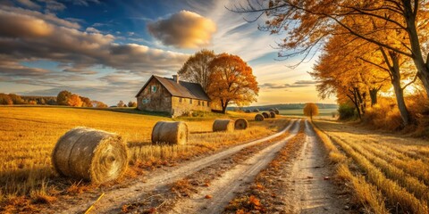 Rustic autumn scene of straw bales in a golden field with scattered leaves and a worn dirt path leading to a distant farmhouse