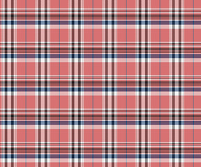 Plaid fabric pattern, pink, blue, white, black, outstanding seamless beauty for textile, and for designing clothes, skirts or decorative fabric. Vector illustration.