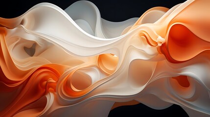 A dynamic abstract composition featuring flowing shapes in orange and white tones.