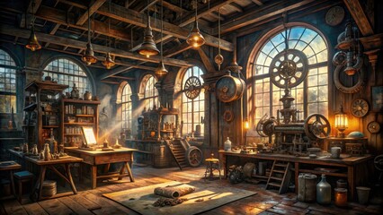Obraz premium steam-punk inventors' workshops with cryptic blueprints and intricate machinery