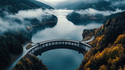 Fototapeta premium Aerial view of a beautiful concrete dam spanning a calm lake, encircled by vibrant green forests and mist-covered mountains in the background
