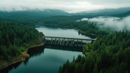 Aerial view of a concrete dam crossing a serene lake, with lush forests and mist-covered mountains in the distance, creating a tranquil landscape