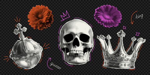 Vector skull, crown and doodles isolated on transparent background. Trendy elements with a halftone effect for collage, poster, banner, cover design in y2k style.