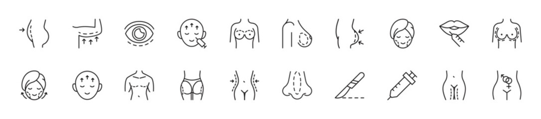 Set of beauty surgery icons. 20 sets of beauty surgery icons. Beauty surgery icons. Simple line beauty surgery icons