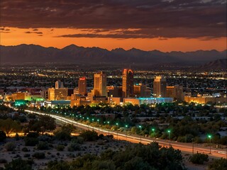 Albuquerque's city skyline glowing at sunset.