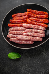 sausages meat raw beef, pork, chicken, lamb dish fresh delicious gourmet food background on the table rustic food top view copy space