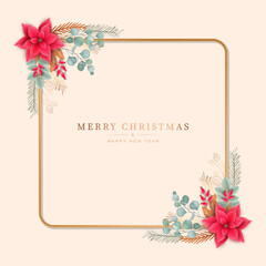 Christmas and New Year banner. Golden square frame is decorated with Christmas flowers and decorations